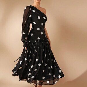 Black And White Elegant Women's Polka Dot One Shoulder Long Sleeve Maxi Dress